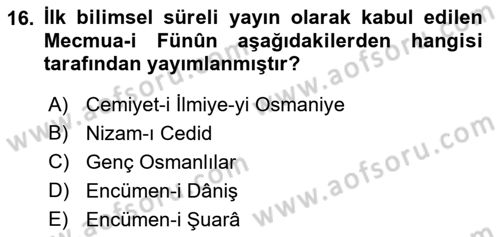 Tanzimat Dönemi Türk Edebiyatı 1 Dersi 2019 - 2020 Yılı (Vize) Ara Sınavı 16. Soru