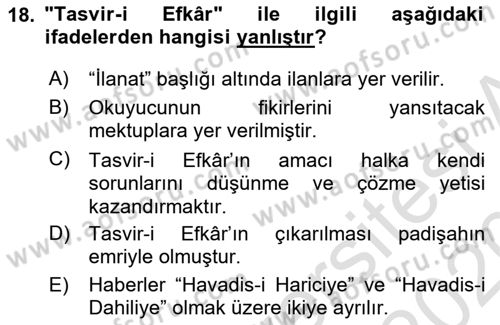 Tanzimat Dönemi Türk Edebiyatı 1 Dersi 2019 - 2020 Yılı (Vize) Ara Sınavı 18. Soru