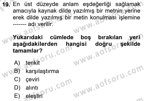 Tanzimat Dönemi Türk Edebiyatı 1 Dersi 2019 - 2020 Yılı (Vize) Ara Sınavı 19. Soru