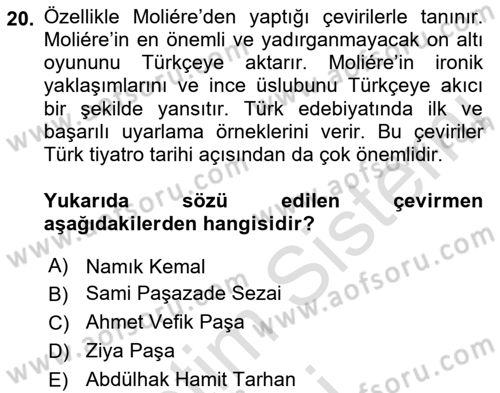 Tanzimat Dönemi Türk Edebiyatı 1 Dersi 2019 - 2020 Yılı (Vize) Ara Sınavı 20. Soru