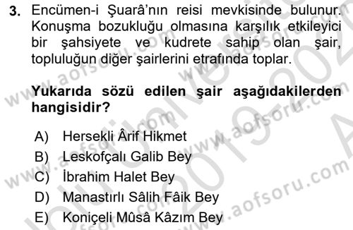 Tanzimat Dönemi Türk Edebiyatı 1 Dersi 2019 - 2020 Yılı (Vize) Ara Sınavı 3. Soru