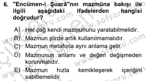 Tanzimat Dönemi Türk Edebiyatı 1 Dersi 2019 - 2020 Yılı (Vize) Ara Sınavı 6. Soru