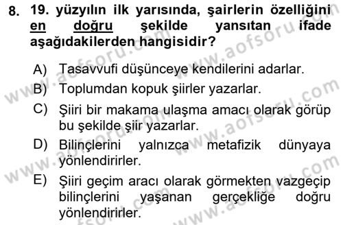 Tanzimat Dönemi Türk Edebiyatı 1 Dersi 2019 - 2020 Yılı (Vize) Ara Sınavı 8. Soru