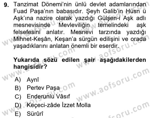 Tanzimat Dönemi Türk Edebiyatı 1 Dersi 2019 - 2020 Yılı (Vize) Ara Sınavı 9. Soru