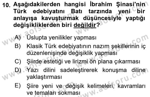 Tanzimat Dönemi Türk Edebiyatı 1 Dersi 2020 - 2021 Yılı Yaz Okulu Sınav Soruları 10. Soru