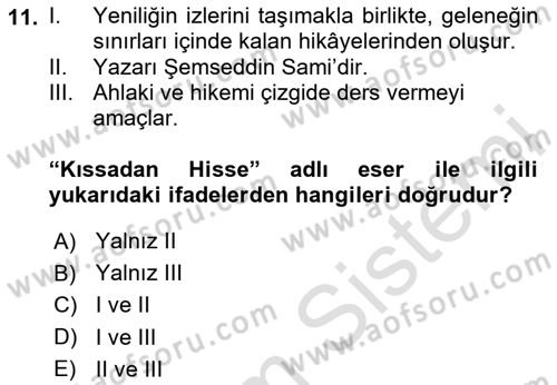 Tanzimat Dönemi Türk Edebiyatı 1 Dersi 2020 - 2021 Yılı Yaz Okulu Sınav Soruları 11. Soru