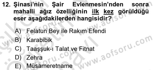 Tanzimat Dönemi Türk Edebiyatı 1 Dersi 2020 - 2021 Yılı Yaz Okulu Sınav Soruları 12. Soru