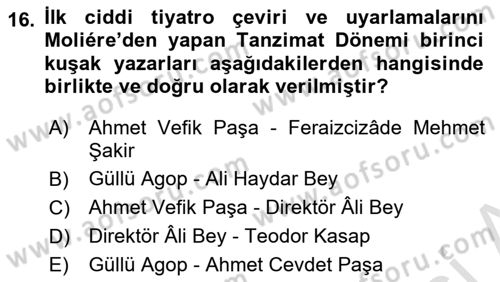 Tanzimat Dönemi Türk Edebiyatı 1 Dersi 2020 - 2021 Yılı Yaz Okulu Sınav Soruları 16. Soru