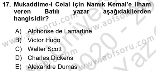 Tanzimat Dönemi Türk Edebiyatı 1 Dersi 2020 - 2021 Yılı Yaz Okulu Sınav Soruları 17. Soru