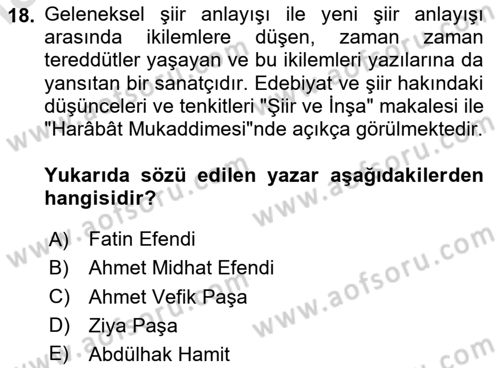 Tanzimat Dönemi Türk Edebiyatı 1 Dersi 2020 - 2021 Yılı Yaz Okulu Sınav Soruları 18. Soru