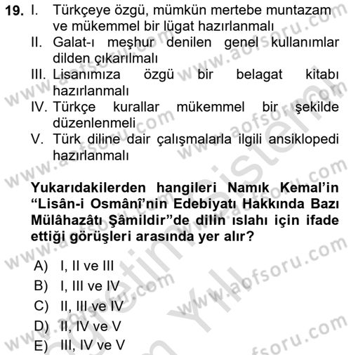 Tanzimat Dönemi Türk Edebiyatı 1 Dersi 2020 - 2021 Yılı Yaz Okulu Sınav Soruları 19. Soru