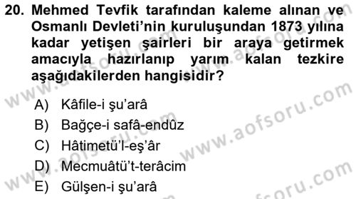 Tanzimat Dönemi Türk Edebiyatı 1 Dersi 2020 - 2021 Yılı Yaz Okulu Sınav Soruları 20. Soru