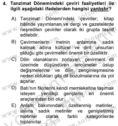 Tanzimat Dönemi Türk Edebiyatı 1 Dersi 2020 - 2021 Yılı Yaz Okulu Sınav Soruları 4. Soru