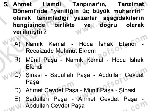 Tanzimat Dönemi Türk Edebiyatı 1 Dersi 2020 - 2021 Yılı Yaz Okulu Sınav Soruları 5. Soru