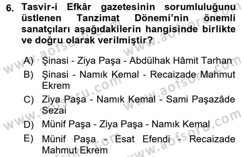Tanzimat Dönemi Türk Edebiyatı 1 Dersi 2020 - 2021 Yılı Yaz Okulu Sınav Soruları 6. Soru