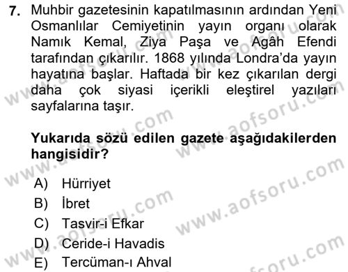 Tanzimat Dönemi Türk Edebiyatı 1 Dersi 2020 - 2021 Yılı Yaz Okulu Sınav Soruları 7. Soru