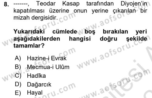 Tanzimat Dönemi Türk Edebiyatı 1 Dersi 2020 - 2021 Yılı Yaz Okulu Sınav Soruları 8. Soru