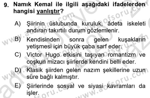 Tanzimat Dönemi Türk Edebiyatı 1 Dersi 2020 - 2021 Yılı Yaz Okulu Sınav Soruları 9. Soru
