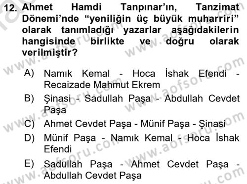 Tanzimat Dönemi Türk Edebiyatı 1 Dersi 2021 - 2022 Yılı (Vize) Ara Sınavı 12. Soru