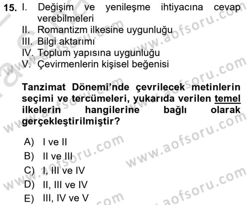 Tanzimat Dönemi Türk Edebiyatı 1 Dersi 2021 - 2022 Yılı (Vize) Ara Sınavı 15. Soru