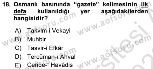 Tanzimat Dönemi Türk Edebiyatı 1 Dersi 2021 - 2022 Yılı (Vize) Ara Sınavı 18. Soru