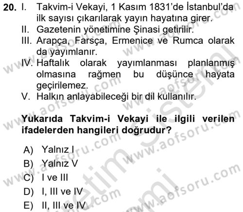 Tanzimat Dönemi Türk Edebiyatı 1 Dersi 2021 - 2022 Yılı (Vize) Ara Sınavı 20. Soru