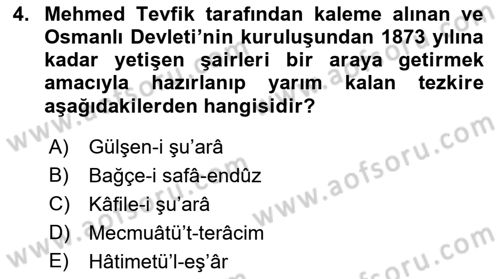 Tanzimat Dönemi Türk Edebiyatı 1 Dersi 2021 - 2022 Yılı (Vize) Ara Sınavı 4. Soru