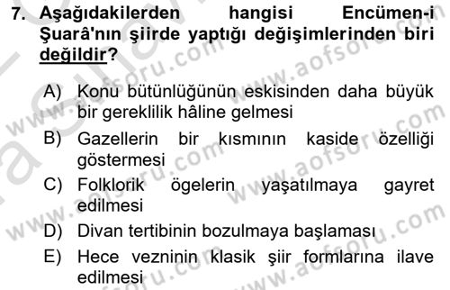 Tanzimat Dönemi Türk Edebiyatı 1 Dersi 2021 - 2022 Yılı (Vize) Ara Sınavı 7. Soru