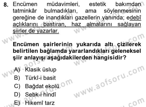 Tanzimat Dönemi Türk Edebiyatı 1 Dersi 2021 - 2022 Yılı (Vize) Ara Sınavı 8. Soru