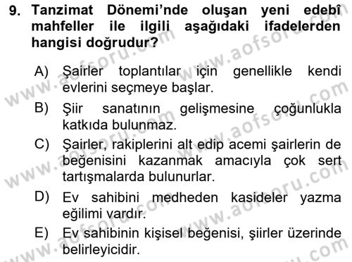 Tanzimat Dönemi Türk Edebiyatı 1 Dersi 2021 - 2022 Yılı (Vize) Ara Sınavı 9. Soru