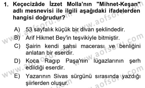 Tanzimat Dönemi Türk Edebiyatı 1 Dersi 2021 - 2022 Yılı (Final) Dönem Sonu Sınavı 1. Soru