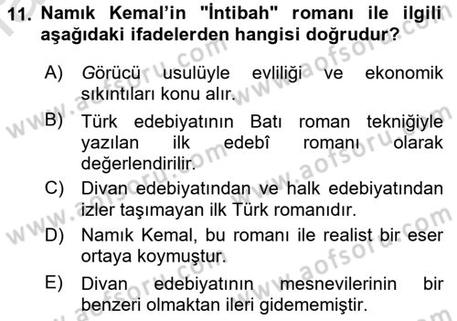 Tanzimat Dönemi Türk Edebiyatı 1 Dersi 2021 - 2022 Yılı (Final) Dönem Sonu Sınavı 11. Soru