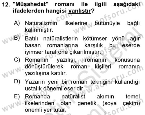 Tanzimat Dönemi Türk Edebiyatı 1 Dersi 2021 - 2022 Yılı (Final) Dönem Sonu Sınavı 12. Soru