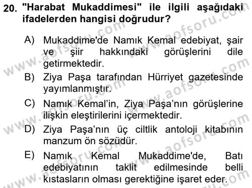 Tanzimat Dönemi Türk Edebiyatı 1 Dersi 2021 - 2022 Yılı (Final) Dönem Sonu Sınavı 20. Soru