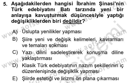 Tanzimat Dönemi Türk Edebiyatı 1 Dersi 2021 - 2022 Yılı (Final) Dönem Sonu Sınavı 5. Soru