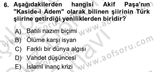 Tanzimat Dönemi Türk Edebiyatı 1 Dersi 2021 - 2022 Yılı (Final) Dönem Sonu Sınavı 6. Soru