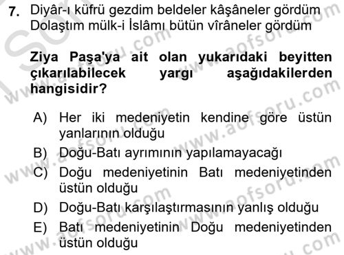 Tanzimat Dönemi Türk Edebiyatı 1 Dersi 2021 - 2022 Yılı (Final) Dönem Sonu Sınavı 7. Soru