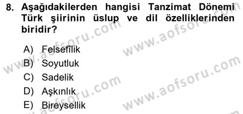 Tanzimat Dönemi Türk Edebiyatı 1 Dersi 2021 - 2022 Yılı (Final) Dönem Sonu Sınavı 8. Soru