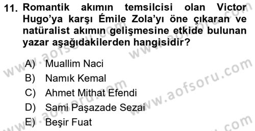 Tanzimat Dönemi Türk Edebiyatı 1 Dersi 2022 - 2023 Yılı (Vize) Ara Sınavı 11. Soru