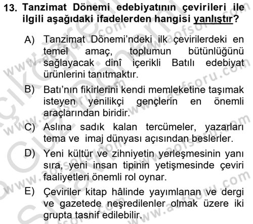 Tanzimat Dönemi Türk Edebiyatı 1 Dersi 2022 - 2023 Yılı (Vize) Ara Sınavı 13. Soru