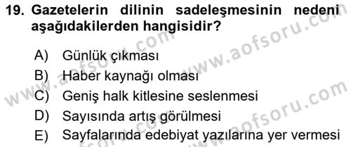 Tanzimat Dönemi Türk Edebiyatı 1 Dersi 2022 - 2023 Yılı (Vize) Ara Sınavı 19. Soru