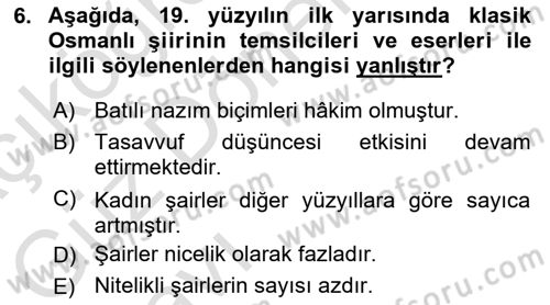 Tanzimat Dönemi Türk Edebiyatı 1 Dersi 2022 - 2023 Yılı (Vize) Ara Sınavı 6. Soru