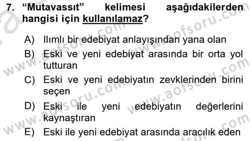 Tanzimat Dönemi Türk Edebiyatı 1 Dersi 2022 - 2023 Yılı (Vize) Ara Sınavı 7. Soru