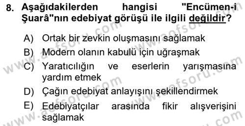 Tanzimat Dönemi Türk Edebiyatı 1 Dersi 2022 - 2023 Yılı (Vize) Ara Sınavı 8. Soru