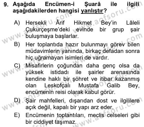 Tanzimat Dönemi Türk Edebiyatı 1 Dersi 2022 - 2023 Yılı (Vize) Ara Sınavı 9. Soru