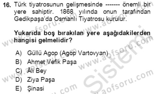 Tanzimat Dönemi Türk Edebiyatı 1 Dersi 2022 - 2023 Yılı (Final) Dönem Sonu Sınavı 16. Soru