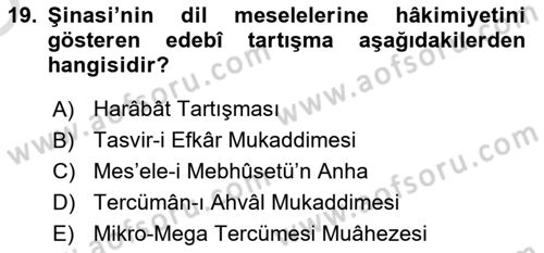 Tanzimat Dönemi Türk Edebiyatı 1 Dersi 2022 - 2023 Yılı Yaz Okulu Sınavı 19. Soru