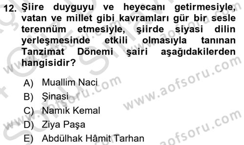 Tanzimat Dönemi Türk Edebiyatı 1 Dersi 2023 - 2024 Yılı (Final) Dönem Sonu Sınav Soruları 12. Soru