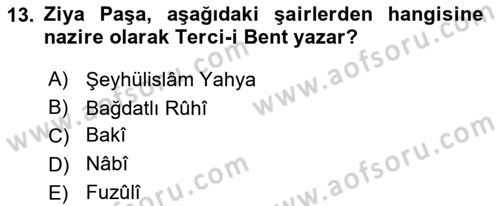 Tanzimat Dönemi Türk Edebiyatı 1 Dersi 2023 - 2024 Yılı (Final) Dönem Sonu Sınav Soruları 13. Soru