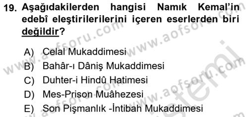 Tanzimat Dönemi Türk Edebiyatı 1 Dersi 2023 - 2024 Yılı (Final) Dönem Sonu Sınav Soruları 19. Soru
